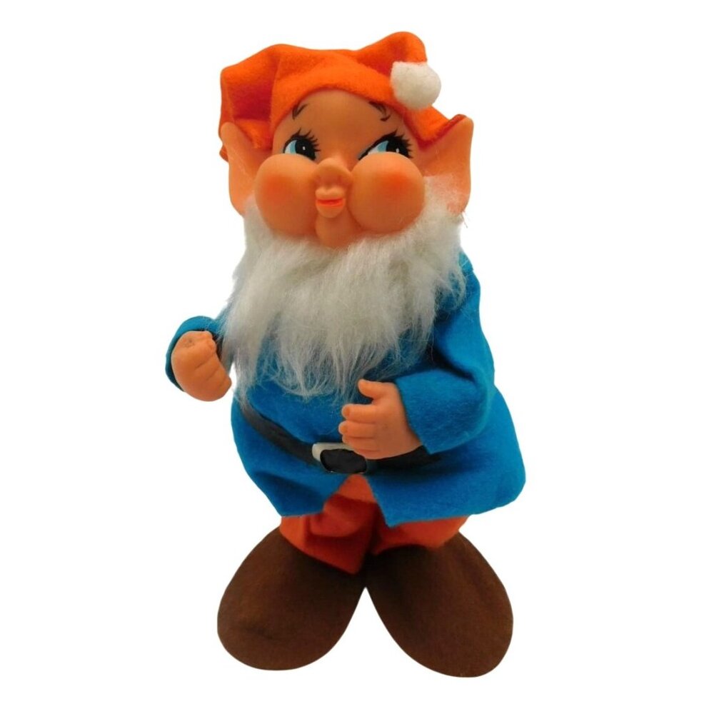 Vintage Felt Puffy Cheek Elf Dwarf Ornament Figure Made in Japan Blue Orange